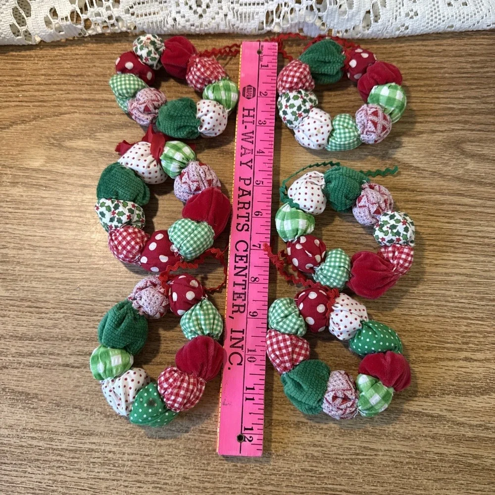 6 Vintage handmade fabric puff wreath Christmas Ornaments